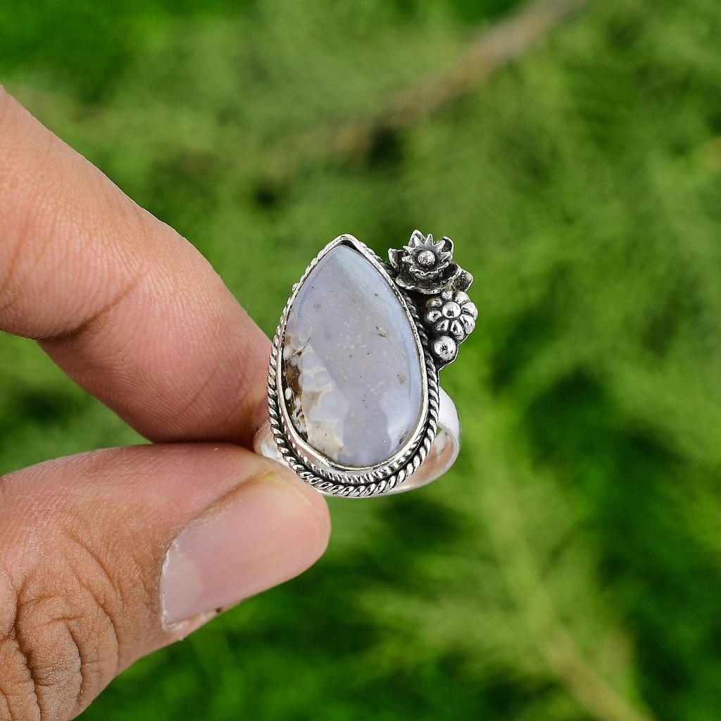 Sterling Silver Pear Ocean Jasper Gemstone Flower Stackable Bezel Ring Jewelry