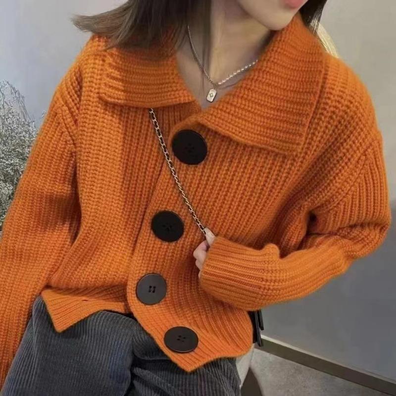 Herbst und Winter Damen Langarm Loose Fashion Großknopf Revers Strickjacke Jacke Pullover