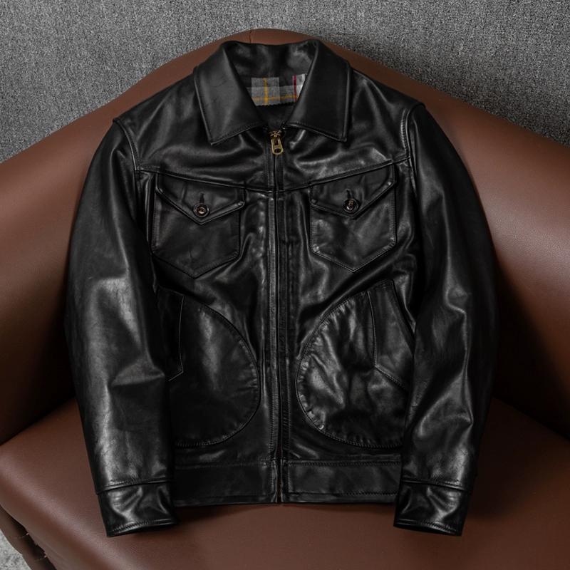 

Мужская куртка из натуральной лошадиной кожи, вощеная, состаренная, винтажный стиль, повседневное деловое пальто, модная верхняя одежда 5XL чёрный