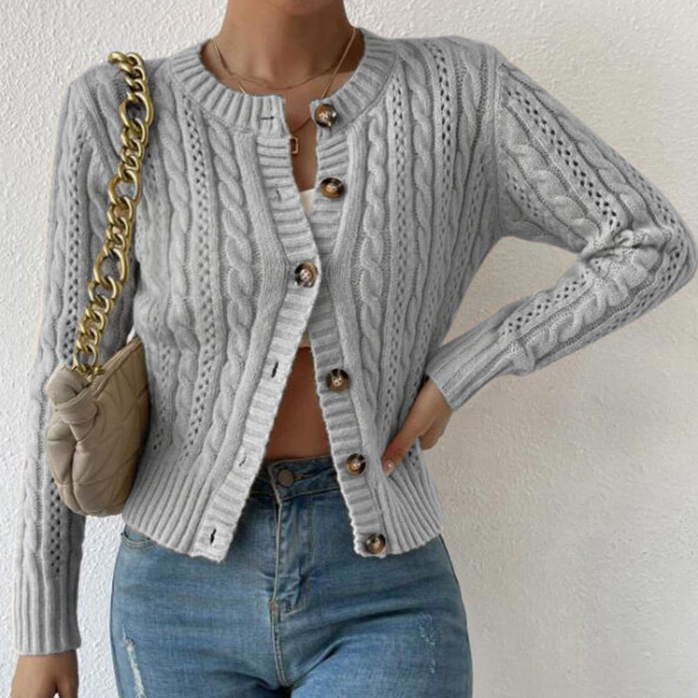 Women's Crew Neck Long Sleeve Cable Knit Button Down Loose Fit Street Style Knit Cardigan