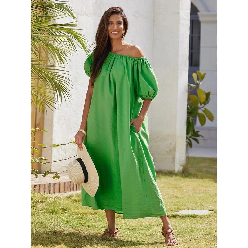 2025 European and American New Dress French Style Leisure Idle Style Puff Sleeve Sloping Shoulder Short Sleeve Dress