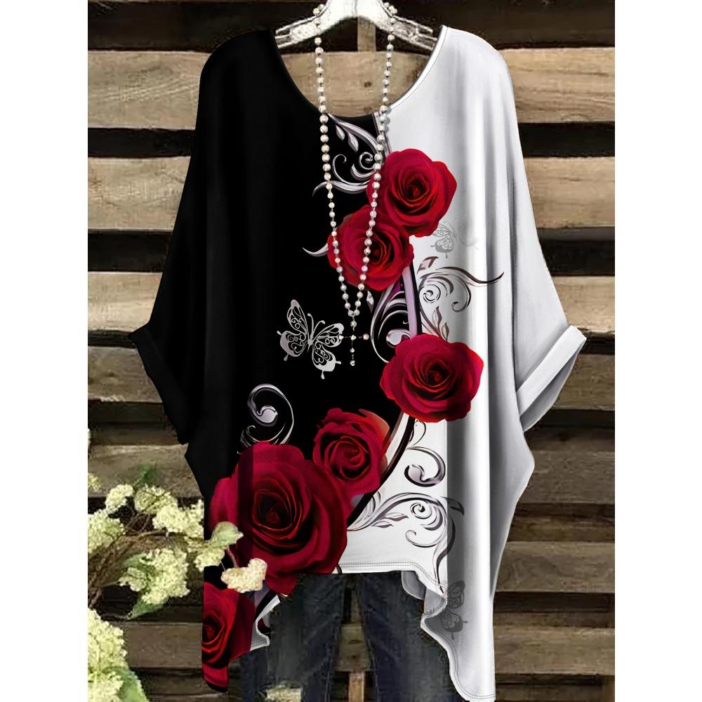 Sommer Elegante Frau Blumenprint Oberteil Vintage Rundhals Damen Kurzarm Y2k Grafik T-Shirt Mode Y2k Kleidung Frau 2025