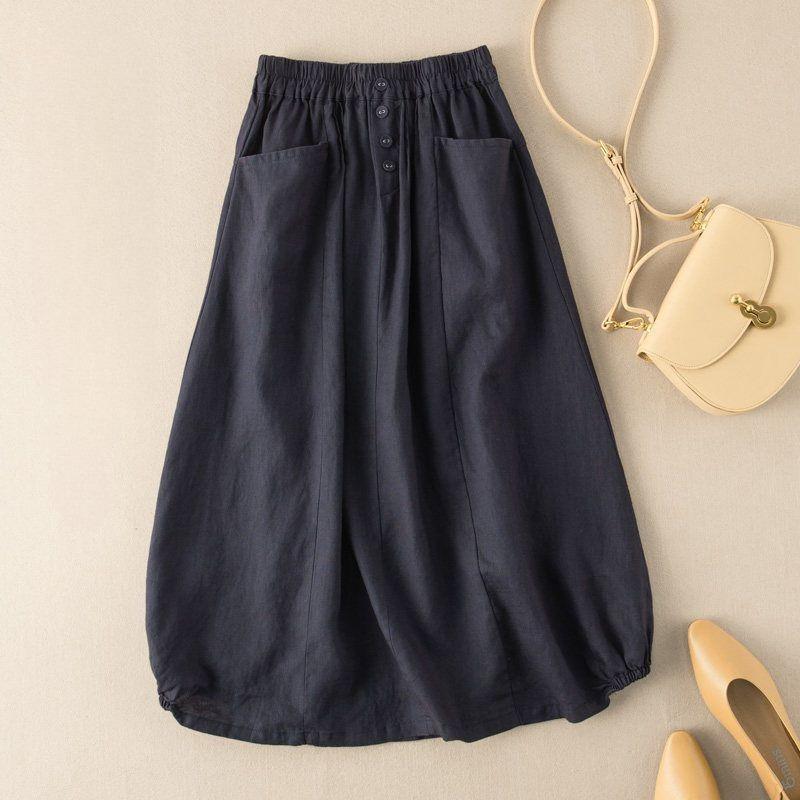 Gonna Midi A-line da Donna Taglie Forti Stile Retro Imitazione Lino Vita Alta Modellante