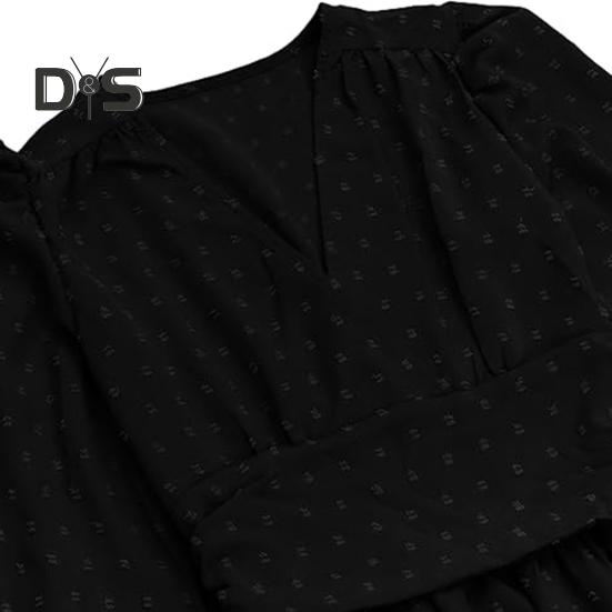 Women Spring Fall Dress V Neck Slim Waist Long Bubble Sleeves A-line Pleated MId-calf Length Flowy Dress Prom Party Dating Midi Dress