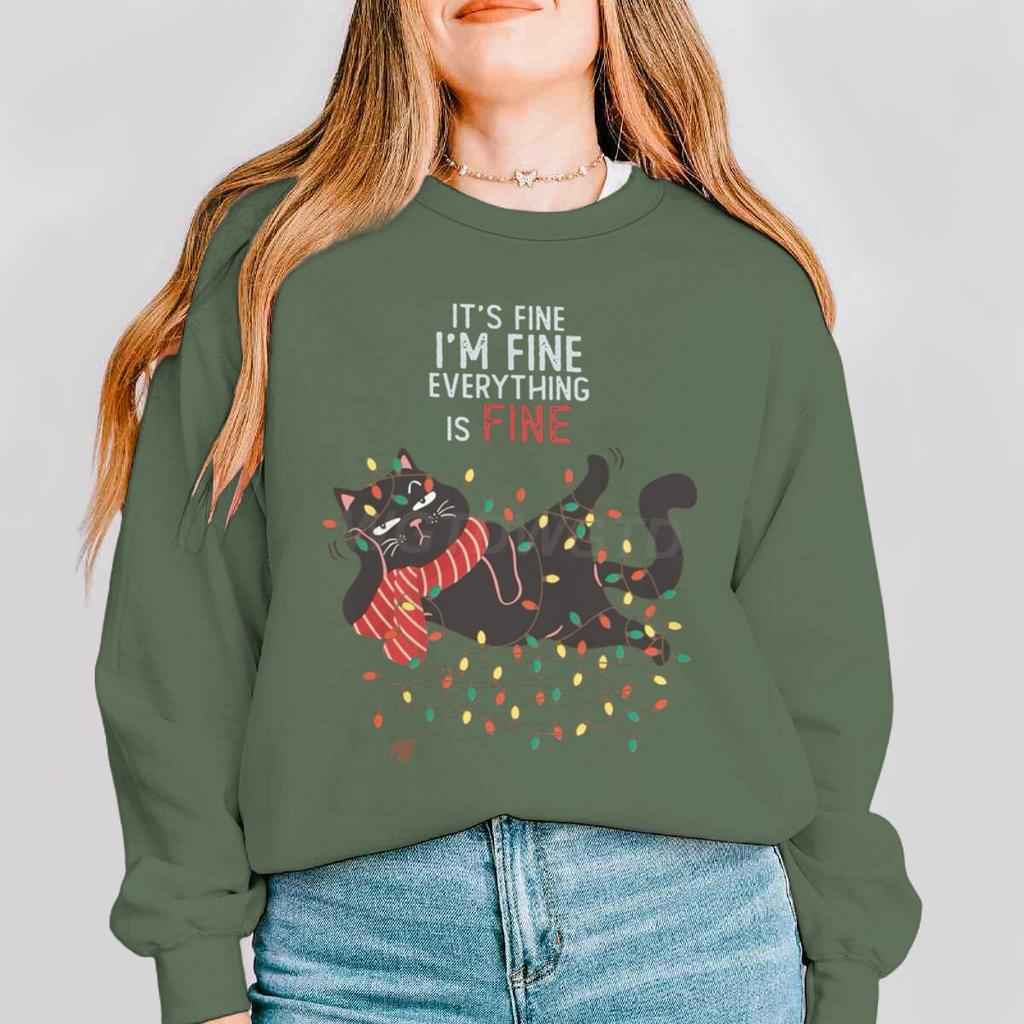 Weihnachtsgeschenke Outfits Oberteil Mir geht es gut Alles ist gut Grafikpullover Damen Fröhliche Weihnachten Katze Lichter Cartoon Sweatshirt