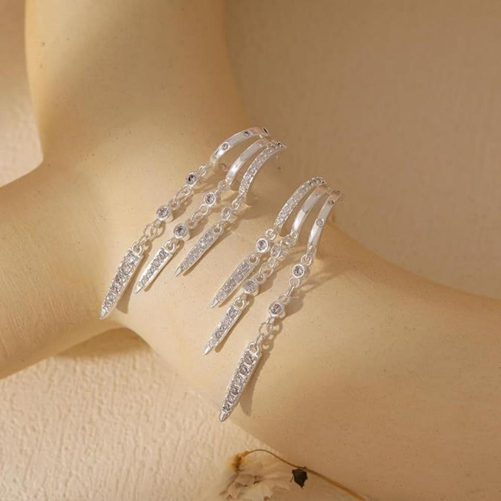 925 Silver Plated Triple Huggie Stud Earrings for Women Sparkling CZ Chain Tassel Hypoallergenic Dangle Earrings Jewelry Gifts