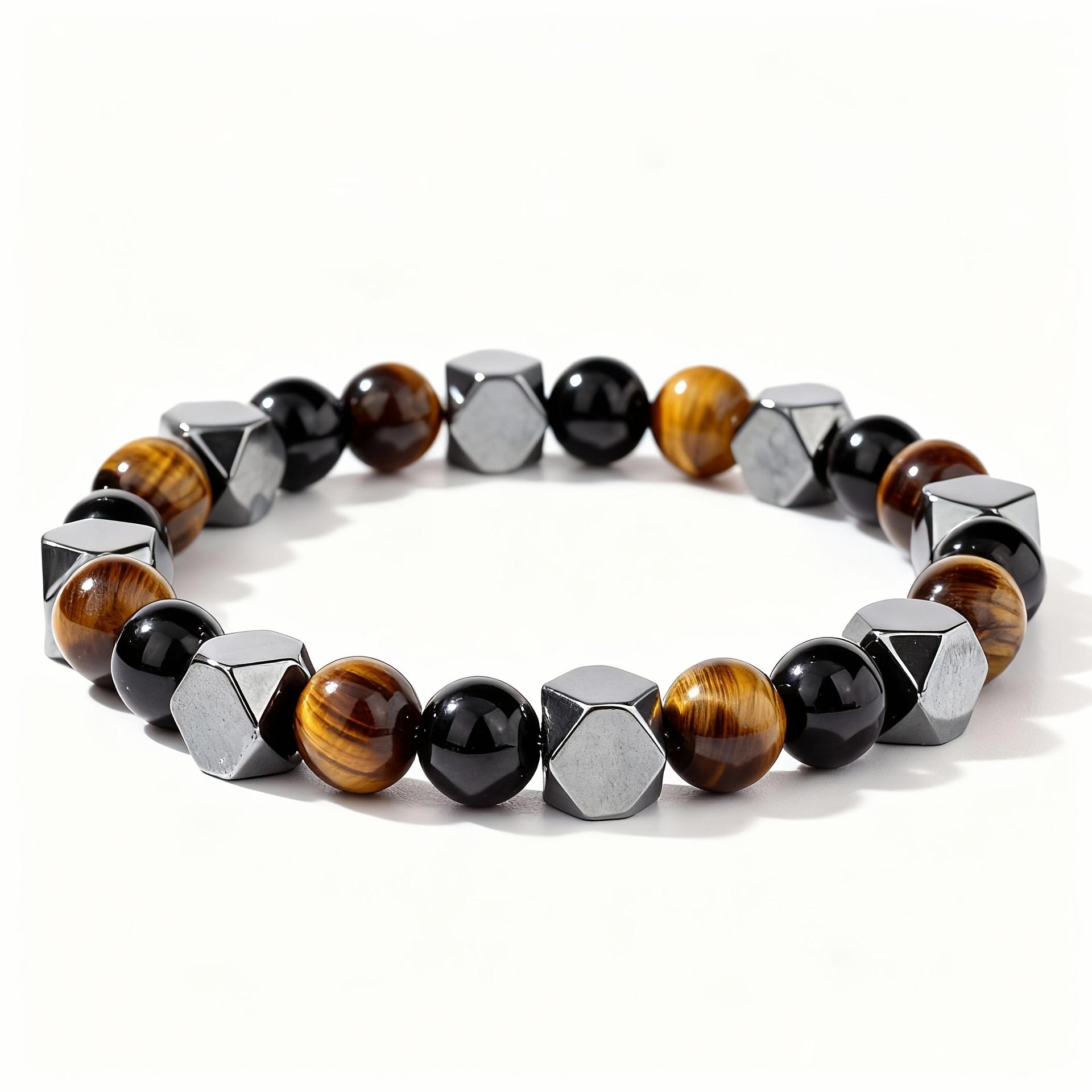 

0.31 Inch Natural Stone Beaded Bracelet for Men, Tiger Eye Hematite Punk Protective Bracelet