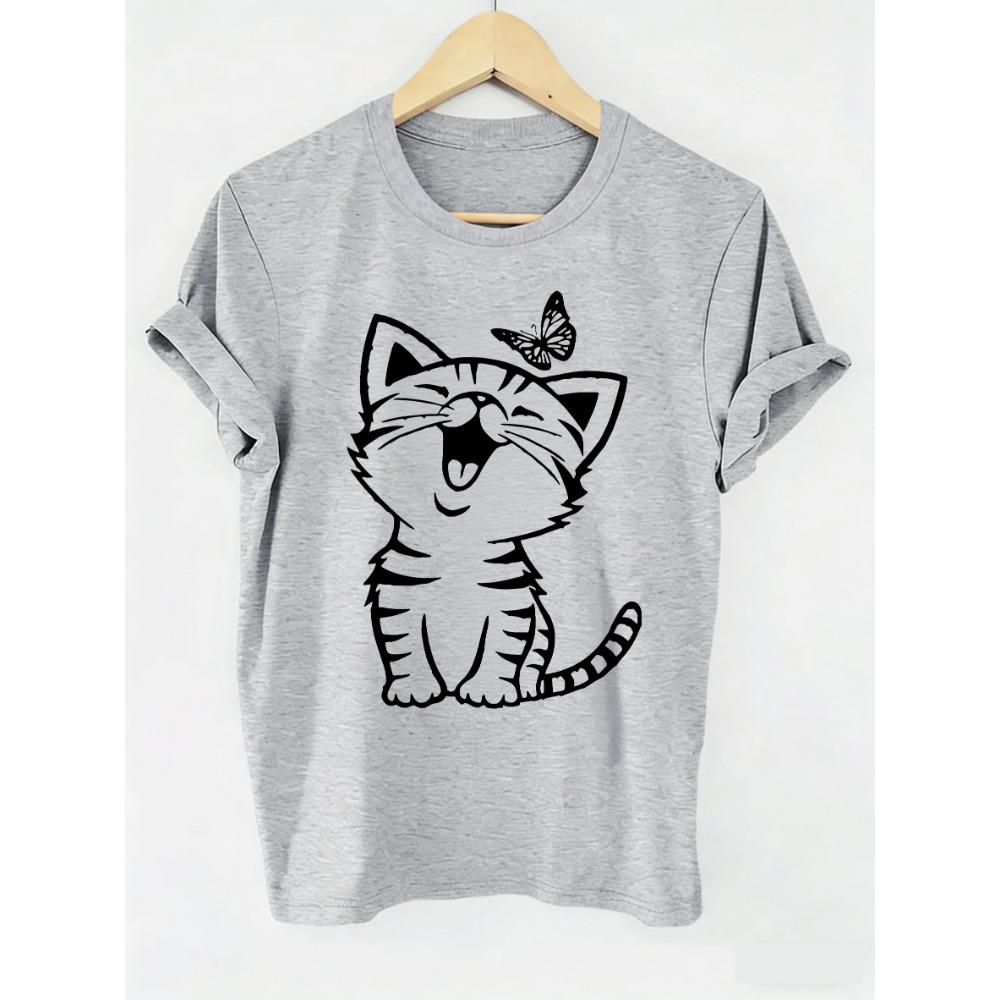 Graphic Cute Cat with Butterfly Print Retro Cat Funny T Shirts Men Women T-shirt Round Neck Short Sleeve Tee Shirt Cute S