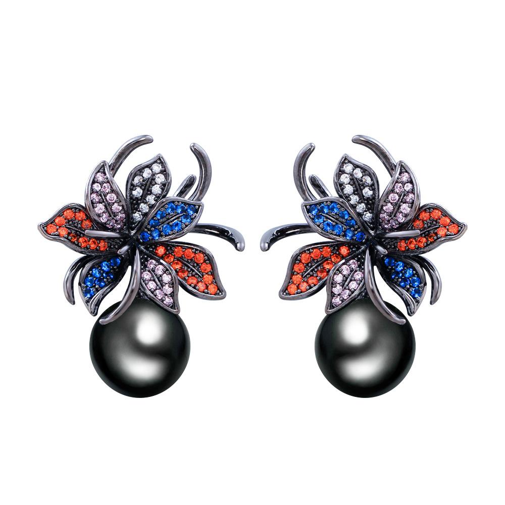 Elegante Blumen-Perlen-Ohrringe, Leicht gefasste Zirkon-Farbe High-End-Ohrringe, Ohrringe.