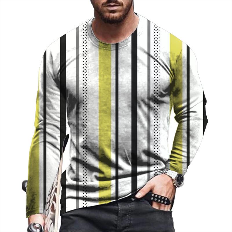 Spring and Autumn Round Neck 3D Stripe Printed Top Fashionable Casual Long Sleeved Men's T-shirts