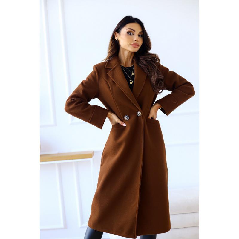 Palton de lână minimalist de toamnă/iarnă pentru femei, cu revere, cu mâneci lungi și cu două rânduri de nasturi