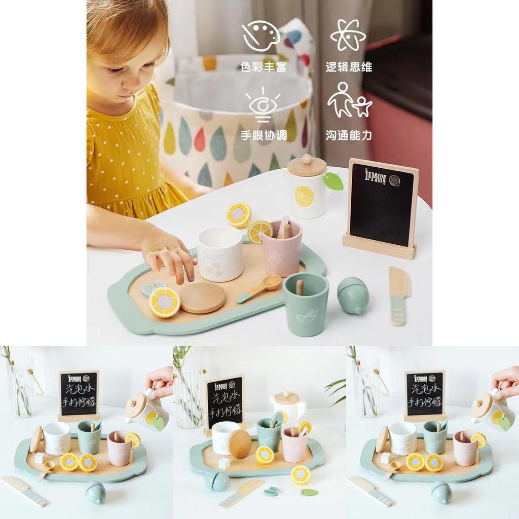 Kids Lemon Tea Set Toy With Wooden Kitchen Accessories For Imaginative Play