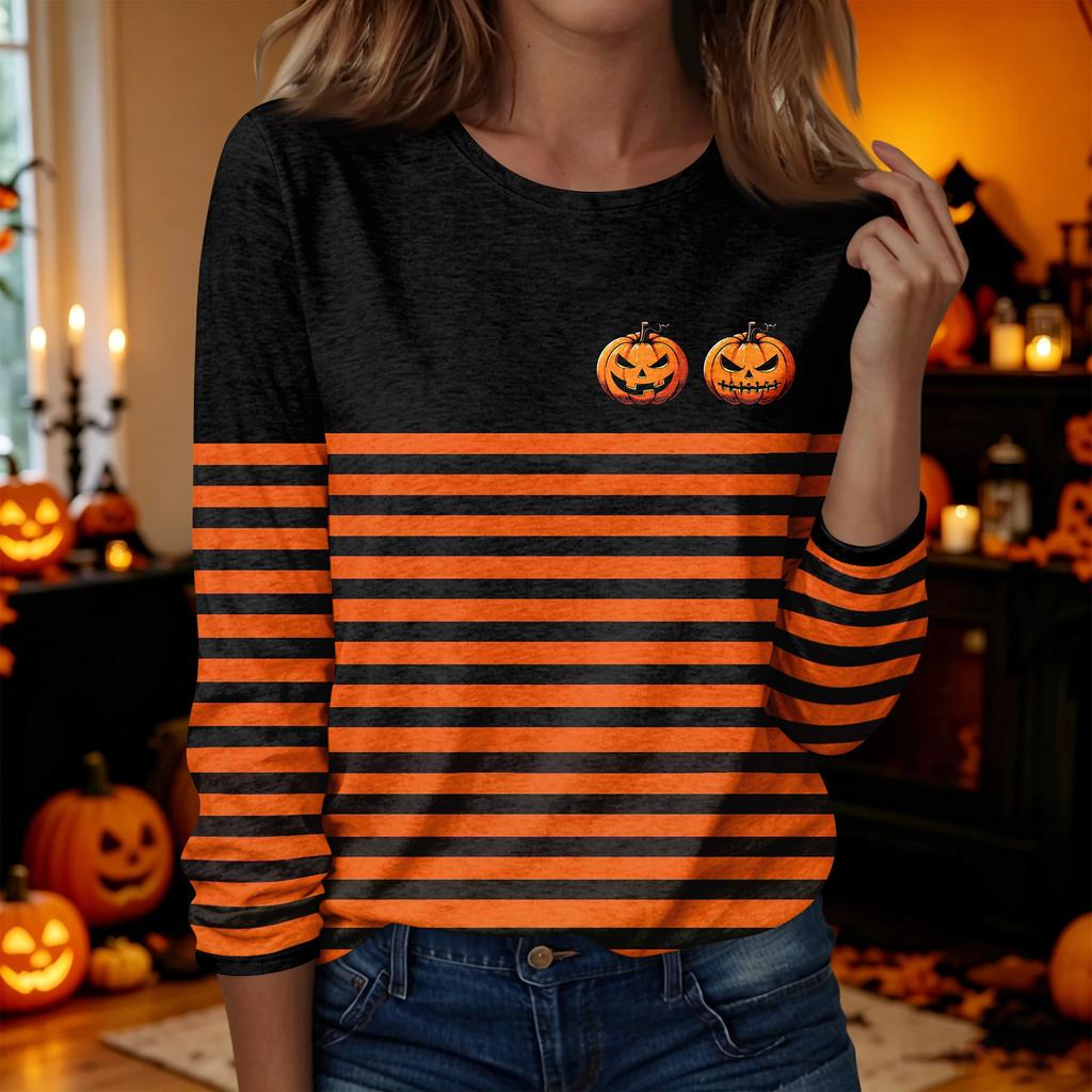 Women's Casual Long Sleeve Halloween Print Neck T-Shirt