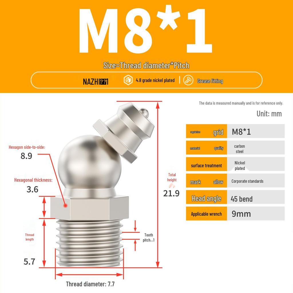 Nickel-Plated Iron Bent Grease Nipple Grease Gun Head M6-M14 G1/8