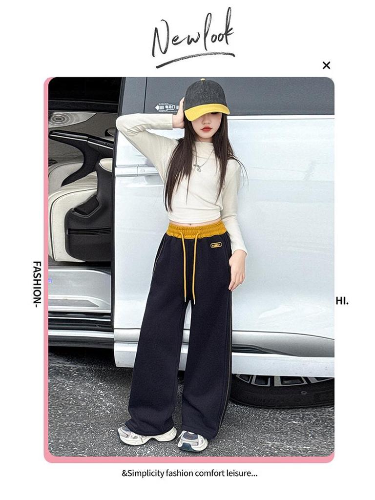 Girls' 2025 Fleece Wide-Leg Sweatpants - Fashionable, Thick, Casual Sports Pants for Autumn and Winter
