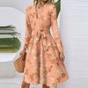 Women's Fashion Casual V-Neck Long Sleeve Waist Floral Print Midi Dress