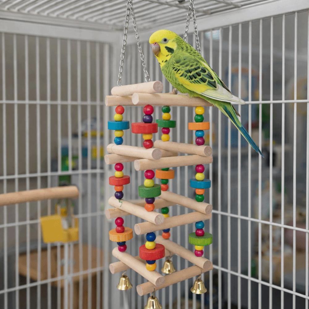 Colorful Wooden Parrot Chew Toys Hanging with Bells Bird Cage Standing Multi Layer Bite Resistant Bird Climbing Ladder Training