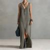 Women V Neck Sleeveless Denim Maxi Dress with Front Slit Casual Long Jean Dress Simple Loose Fit Style