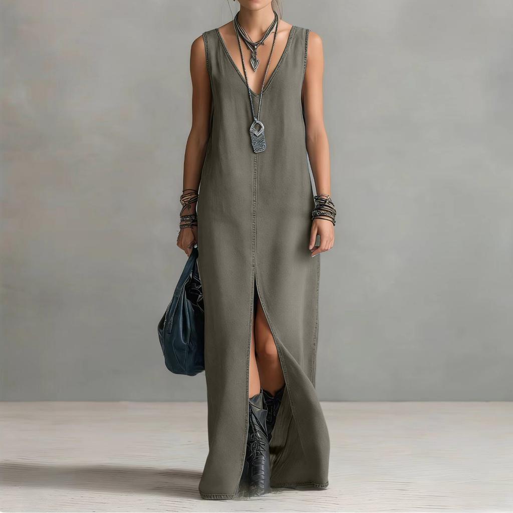 Women V Neck Sleeveless Denim Maxi Dress with Front Slit Casual Long Jean Dress Simple Loose Fit Style