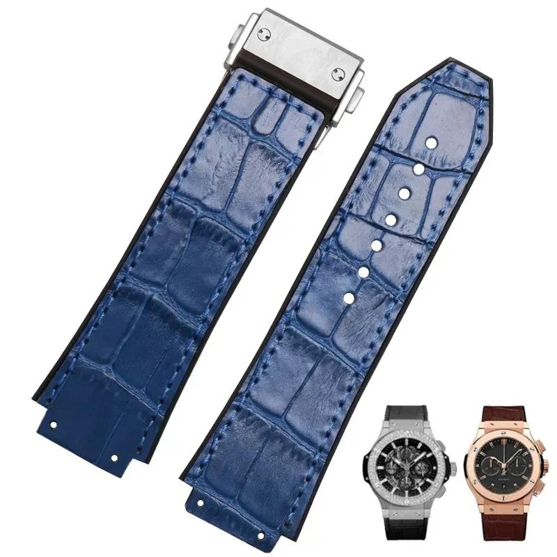 26X19mm Real Cow Leather Rubber Watchband for HUBLOT Classic Fusion Universe Big Bang Series Men belt Watch band butterfly Buckl
