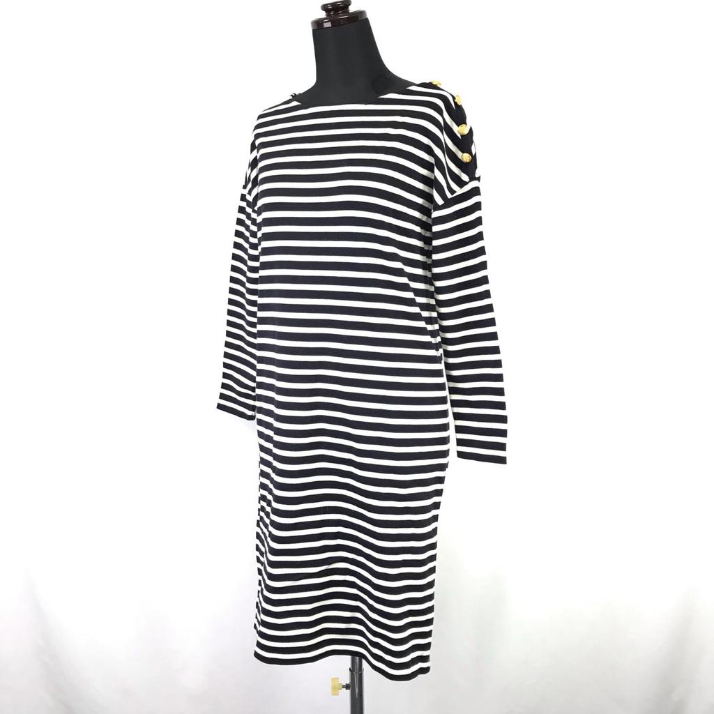 Made in Japan IENA Three-Quarter Sleeve Cotton Dress L Women Knee-Length Black/White Stripes(USED)