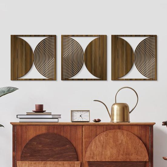 3 Pcs Minimalist Abstract Wall Art Modern Boho Half-circle Line Hollow Out Wall Decor Rustic Geometric Hanging Sign for Living Room Bedroom Office