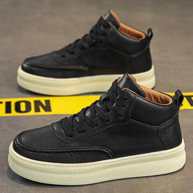 

Trendy Versatile Spring Autumn White Platform Lace Up Mid Top Sneakers Soft Leather Breathable Anti Odor Youth Student Casual 39