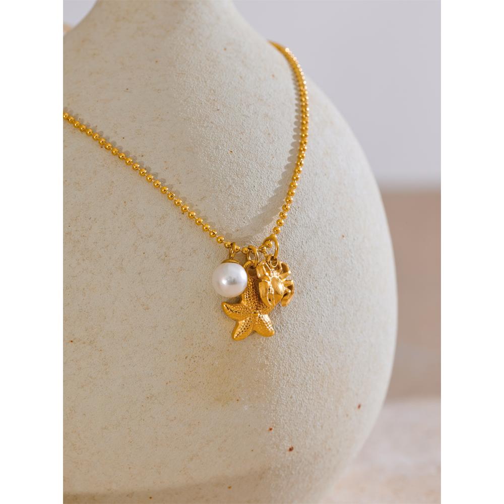 Yhpup Ocean Style Summer Pearl Starfish Crab Necklace Pendant Stainless Steel Gold PVD Plated Holiday Fashion Jewelry for Women