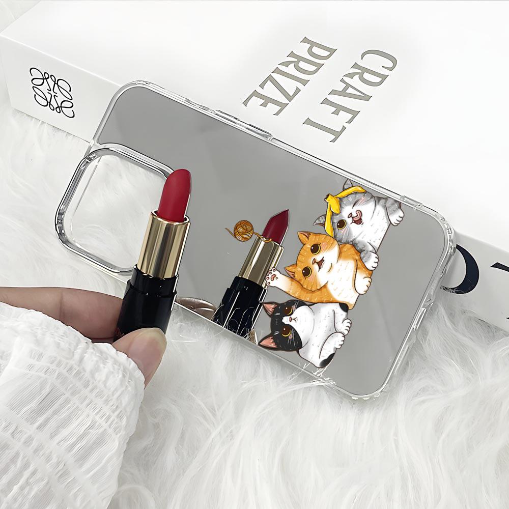 Foreign Trade Explosion Cute Cat Mirror Apple 17 Mobile Phone Case Ip16promax Puppy with Mirror Mobile Phone Case 15