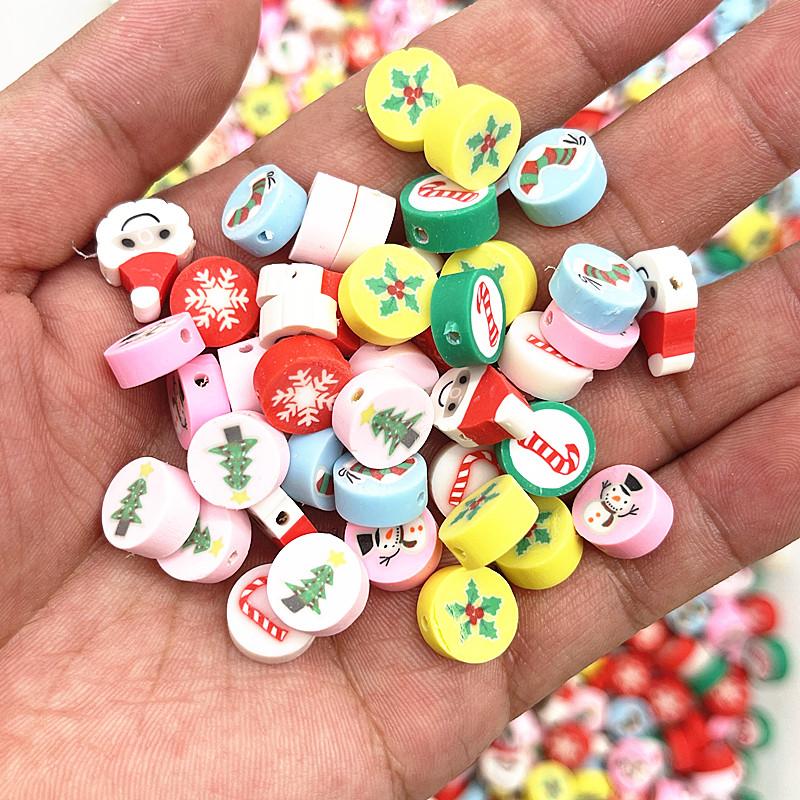 30pcs 10mm Christmas Pattern Beads Polymer Clay Spacer Loose Beads for Jewelry Making DIY Bracelet Accessories