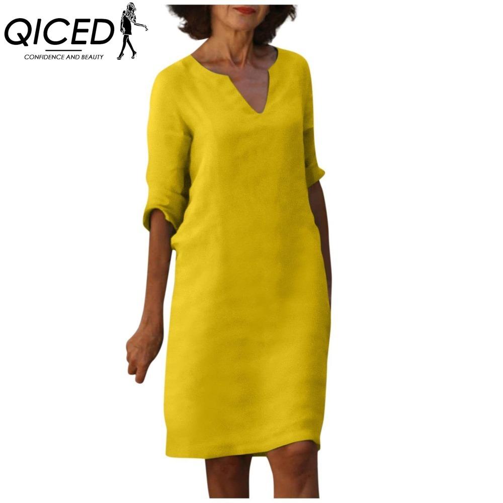 QICED Women Summer Solid Color Cotton Linen Retro V-Neck Short Sleeve Dress Lightweight Breathable Dress