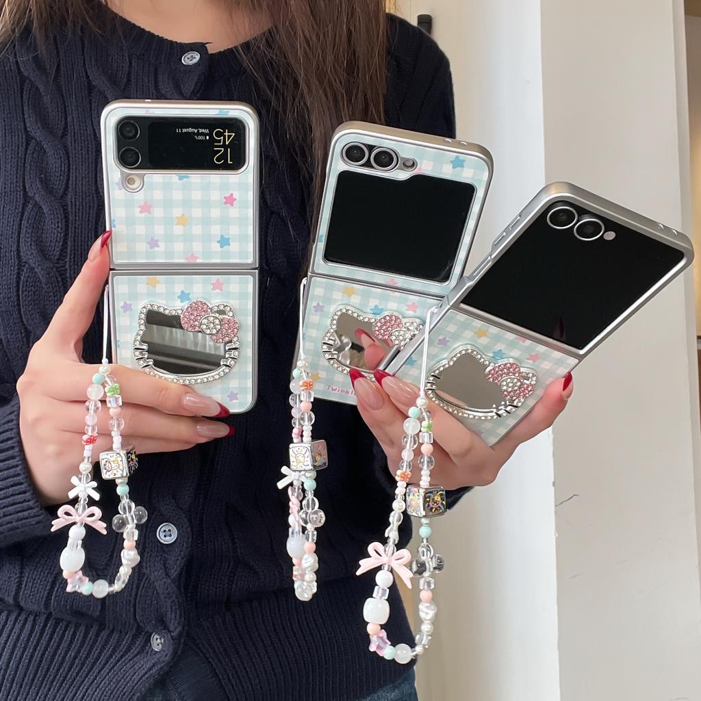Cute Kawaii Hello Kitty Phone Case with Rhinestone Mirror Beaded Lanyard For Samsung Galaxy Z Flip 7 6 5 4 3 Plaid Star Foldabl