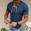 Men T-shirt V Neck Lace-up Summer Solid Color Short Sleeve Top for Daring