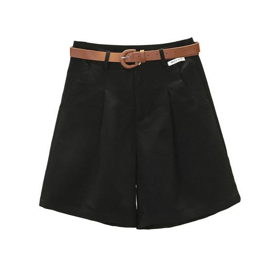 Women Summer Shorts A-line Solid Color With Belt High Waist Suit Shorts Loose Pockets Zipper Button Closure Lady Dating Commute Shorts