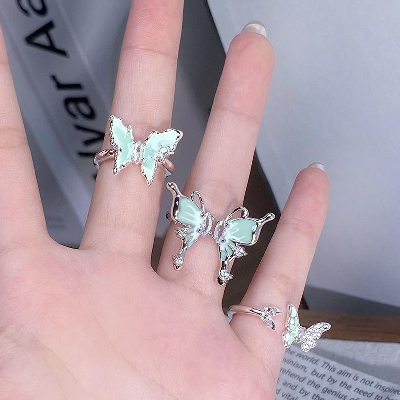Mint Matcha Milk Green Butterfly Open Ring Women'S Niche Design Small Fresh And Cold Ring