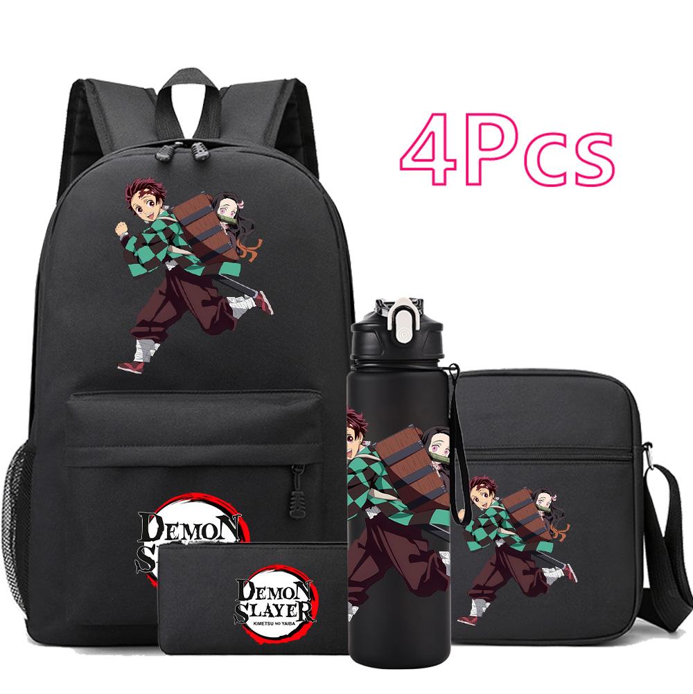 4 st/set Anime Demon Slayer Tryckt Ryggsäck Skolväska Axelväska Fodralväska med 750 ml Vattenflaska Pojke Flicka Stor Kapacitet Vattentät Skolväska