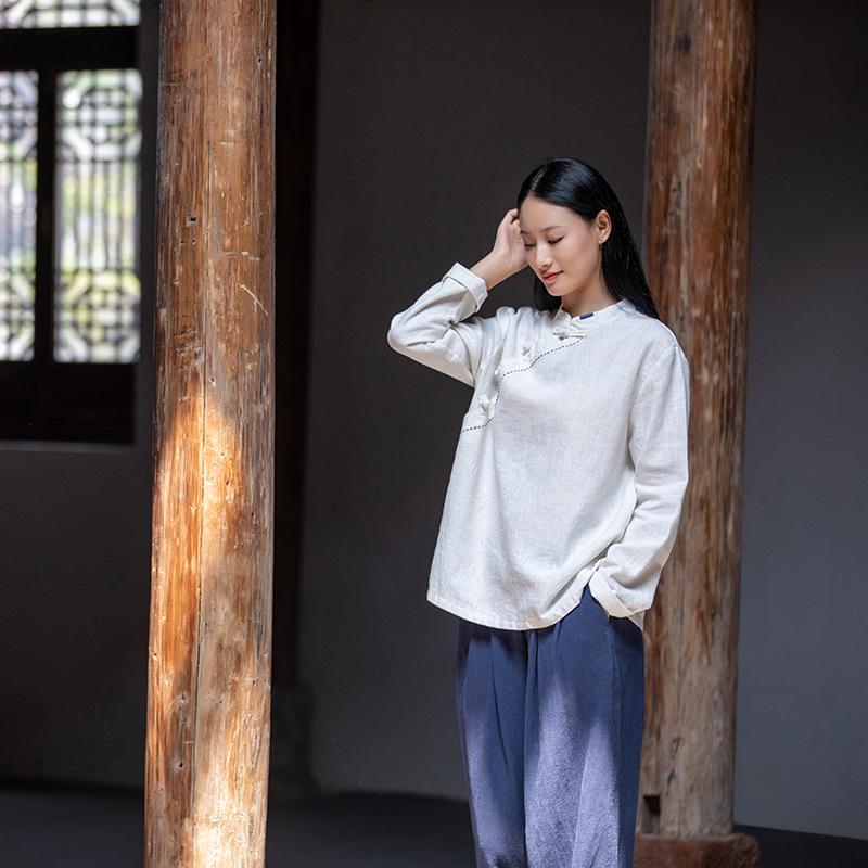 Women's Hand-Stitched Retro Chinese Frog Button Cotton Linen Shirt