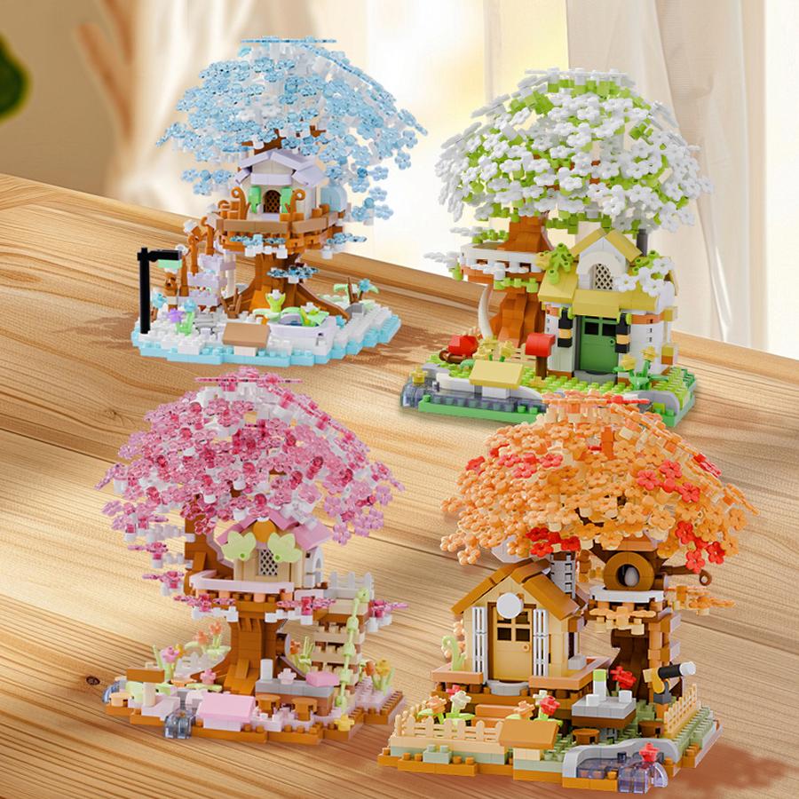 Four Seasons Cherry Blossom House Building Blocks Micro Particle Brick Game Assembly Toys For Kids Adult Creative Decoration