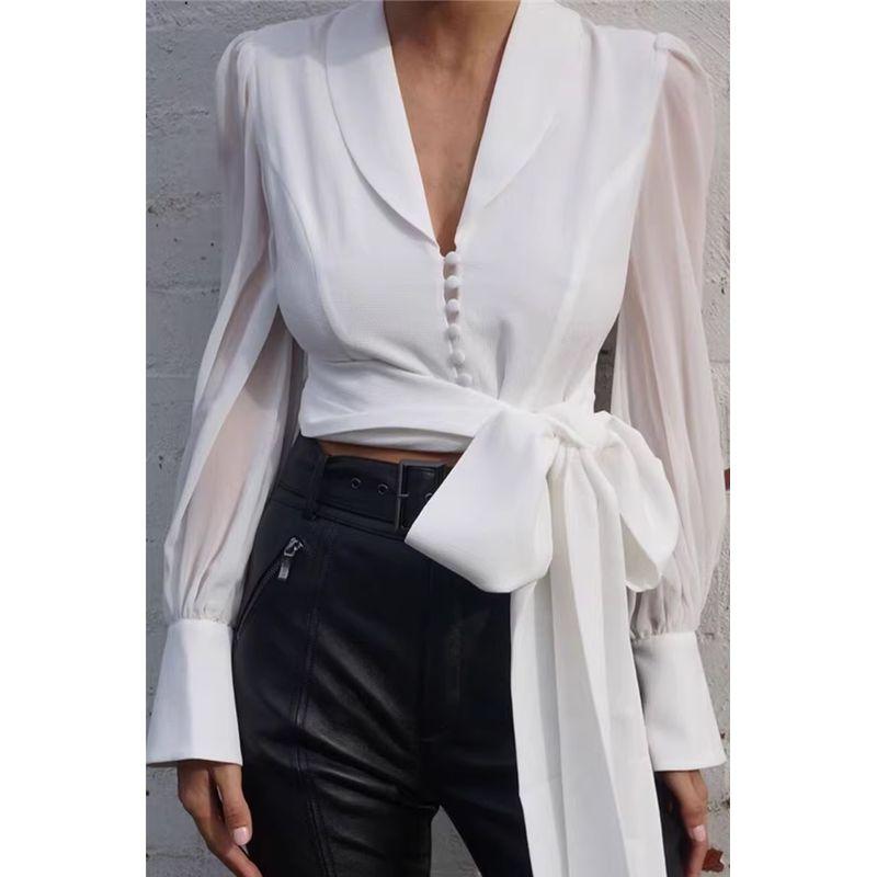 

Early Autumn Fashion Stylish Younger French Court Chiffon Patchwork Peter Pan Collar White Shirt Women s Top Shirt Women White Shawl Collar Long Belt Buckle V Neck Shirt M