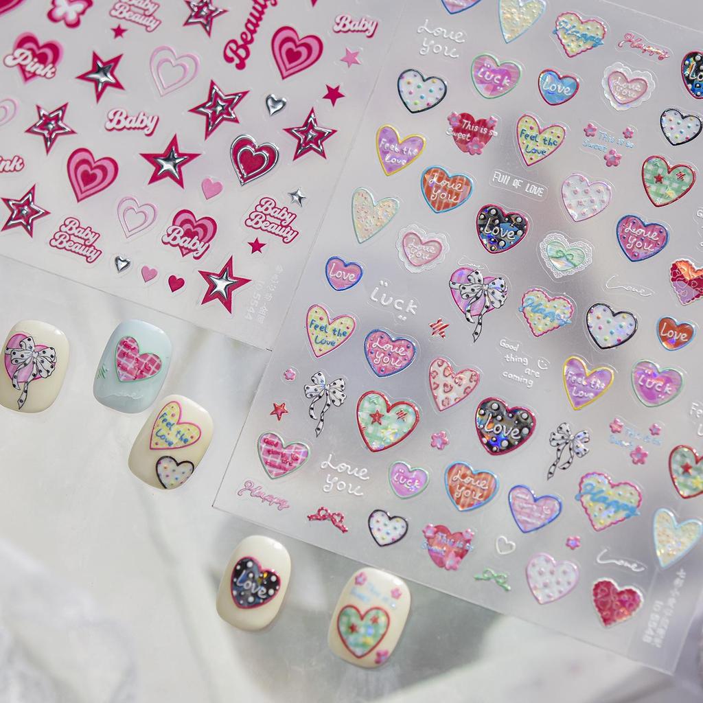 Tomoni Embossed Pink Heart Nail Stickers - Sweet DIY Hot Girl Auxiliary Nail Art