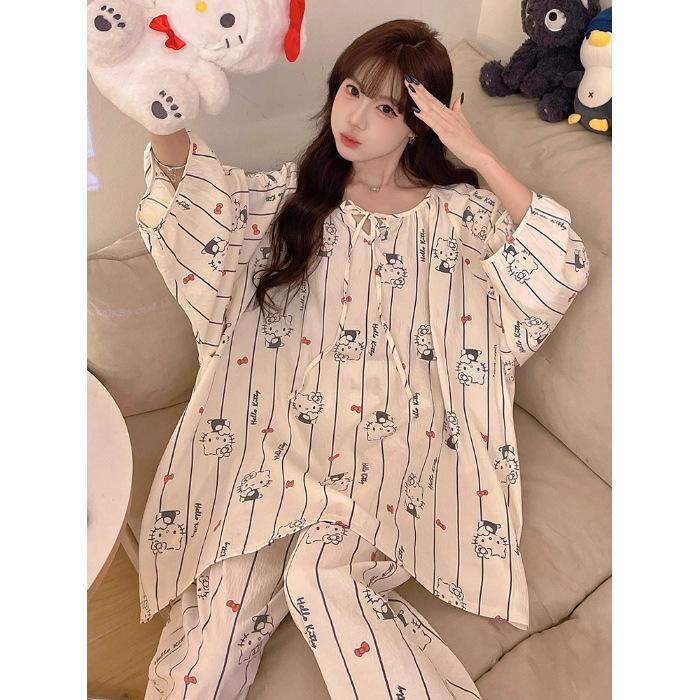 Women's Sweet Pure Cotton Pajama Set - Round Neck, Long Sleeve, Long Pants, Comfortable Home Wear for Spring & Autumn