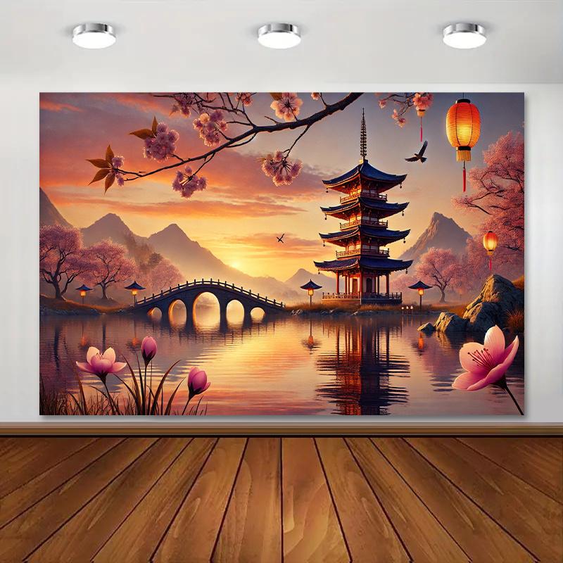 Восточная Пагода Гобелен Закат с Цветами Идеально для Декора Спальни Гостиной для Добавления Спокойствия 74x94cm(29x37in)