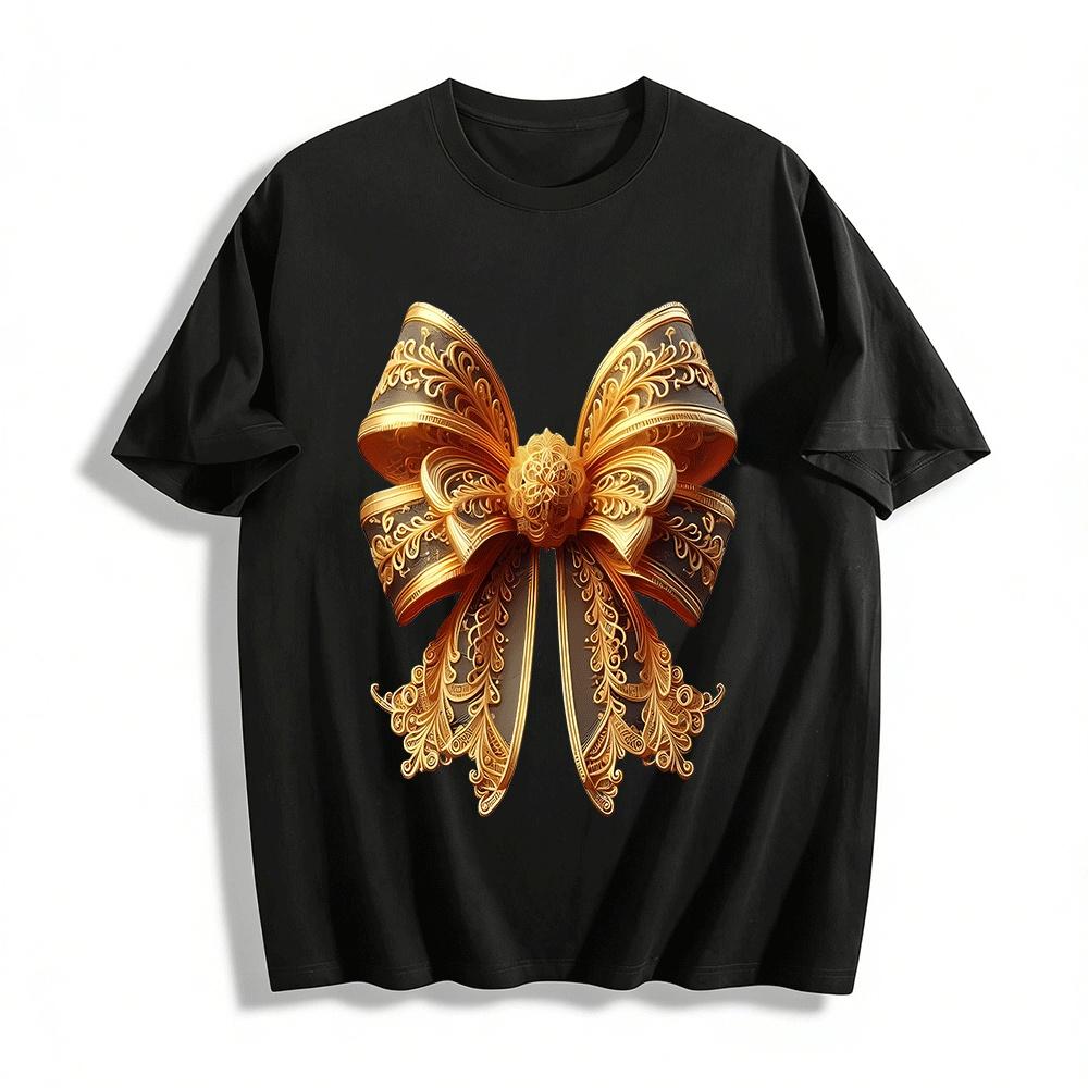 Vintage Gold Pattern Bow Print Casual Loose Top Pure cotton T-shirt