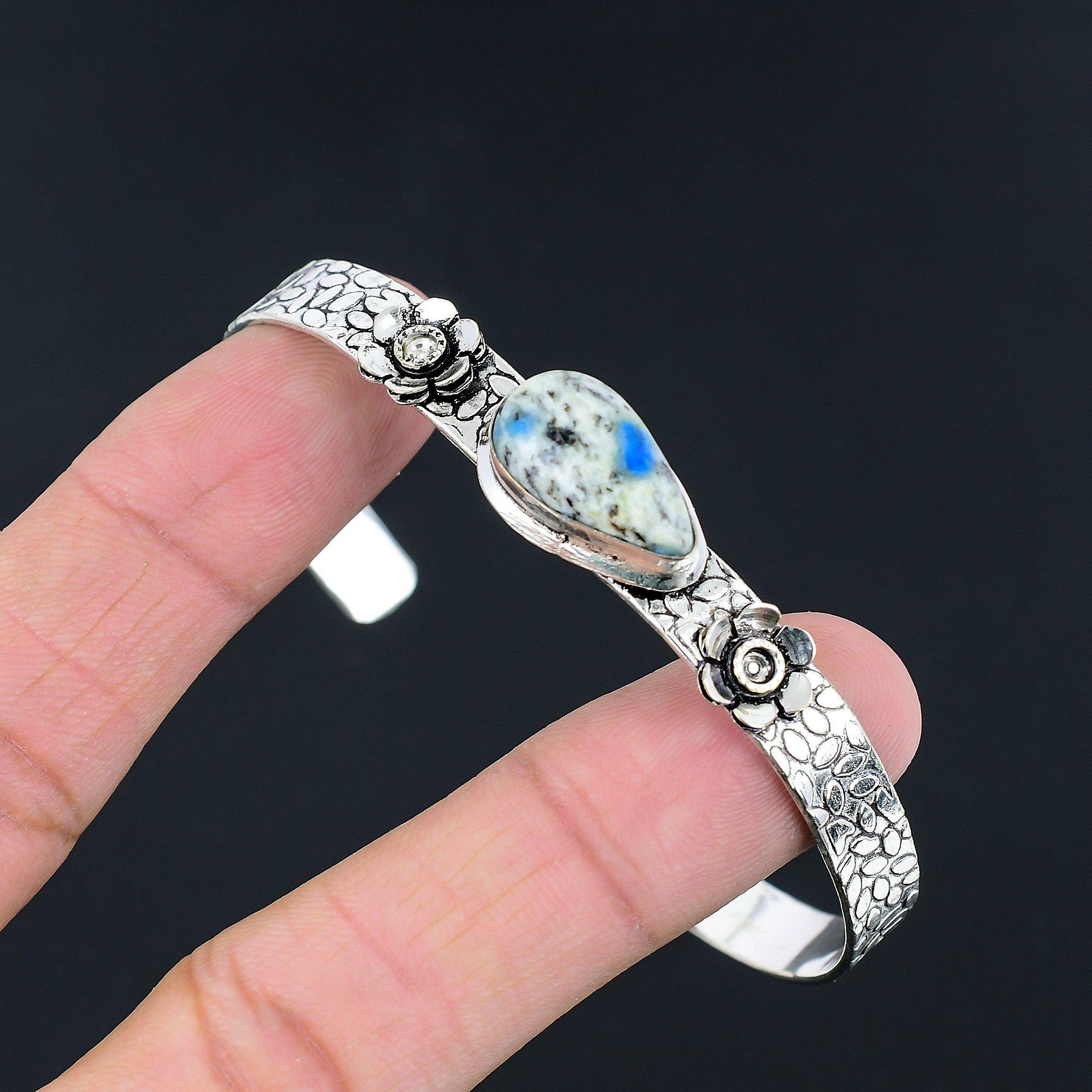 

Mothers day Deal Pear K2 Jasper Stone Sterling Silver Flower New Bangle Bracelet Adjustable