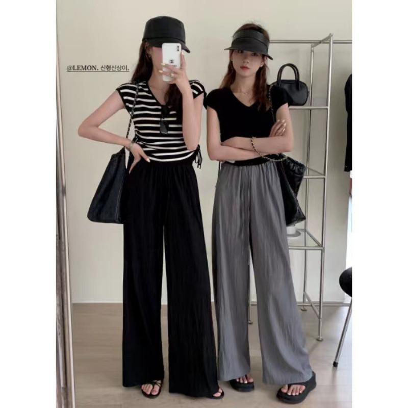 Spring Autumn Loose Casual Solid Elastic Waist Straight Pants Women Draped Flods All-match Wide Leg Trousers