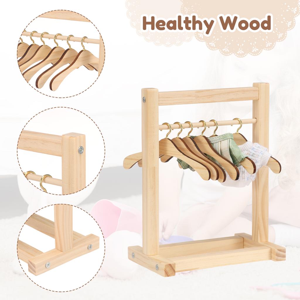 2Pcs Miniature Clothes Rack Wooden Doll Clothes Closet with 12 Hanger Mini Floor Drying Rack Clothes Storage Rack Small Wardrobe