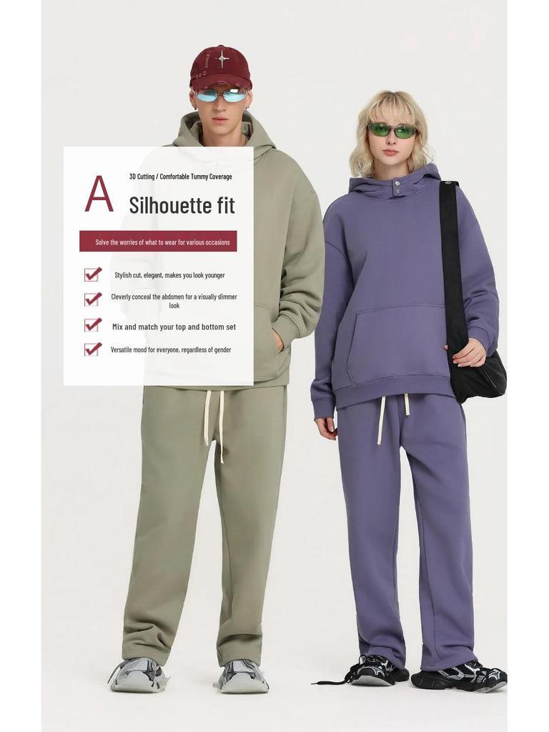 2025 Autumn/Winter Fleece-Lined Hooded Sweatshirt & Pants Set – Men's Trendy European/American Basic, Solid Color, 510g.