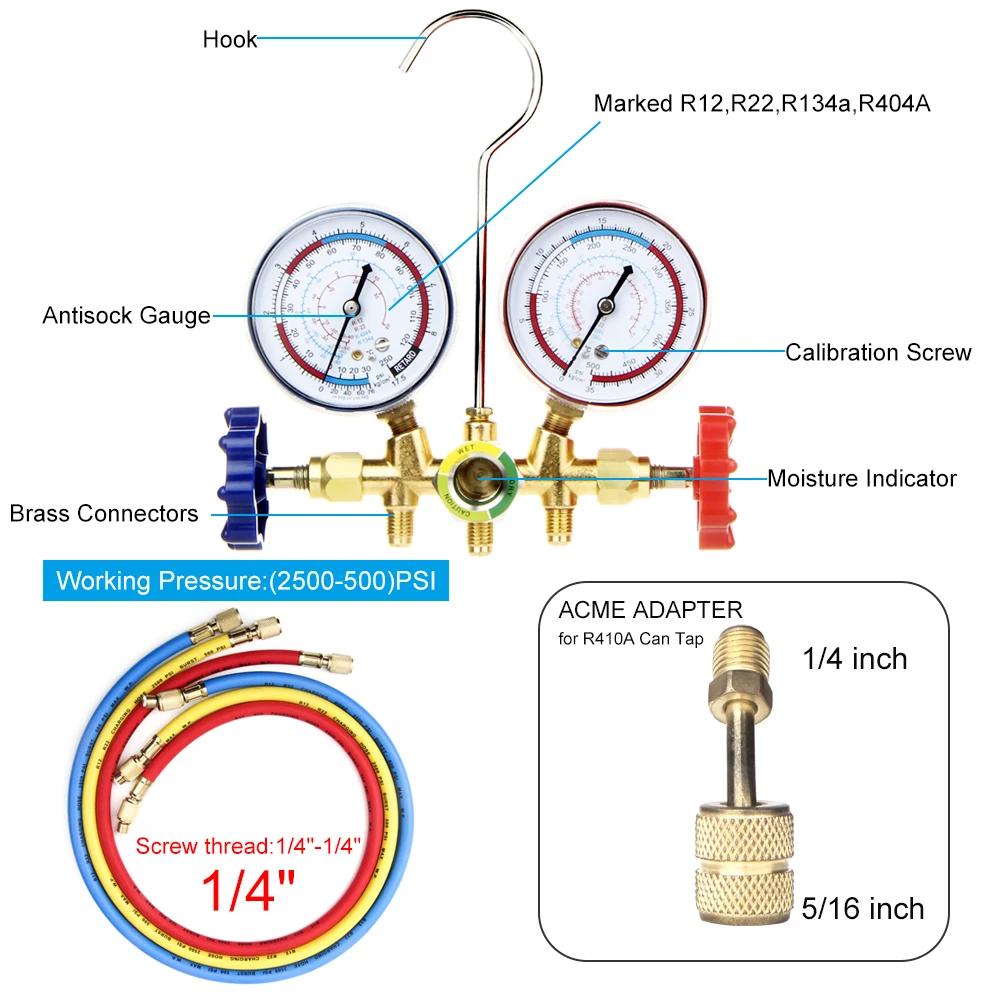 New Air Conditioning Pressure Gauge with Hose and Hook 3 Way AC Diagnostic Manifold Gauge Set for Freon For R12 R22 R404A R134a