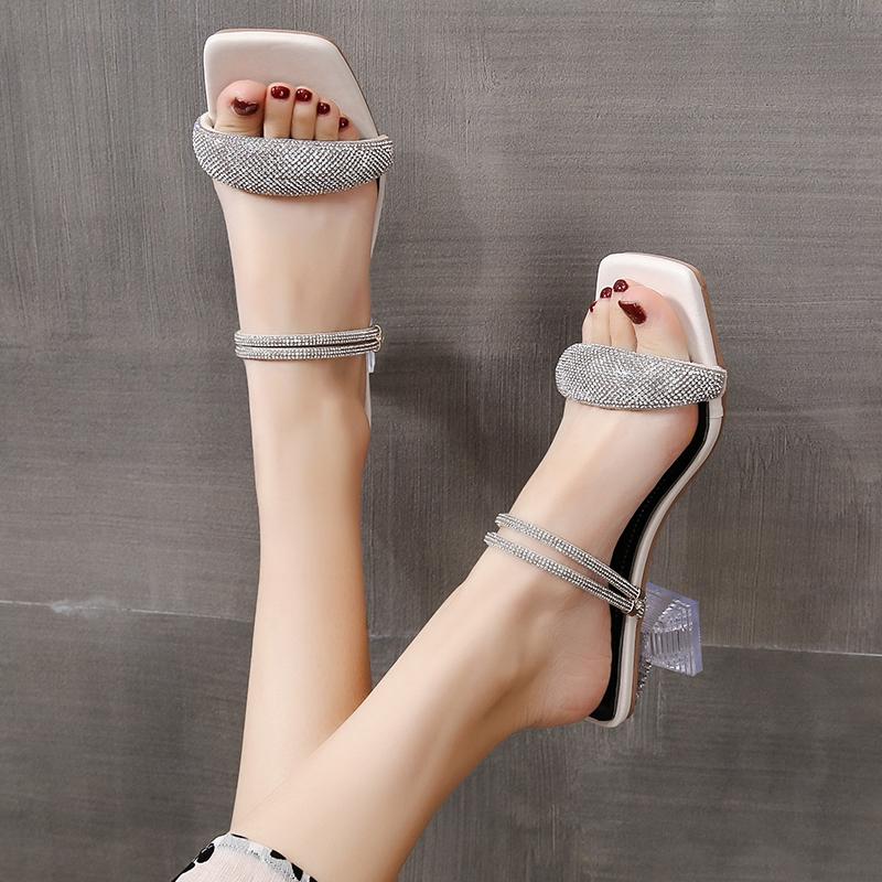 Mode Damen Sandalen Sommer 2025 Neu Kristall High Heels Partyschuhe Frau Bequem Dicke Ferse Pantoletten Sandalias Mujer