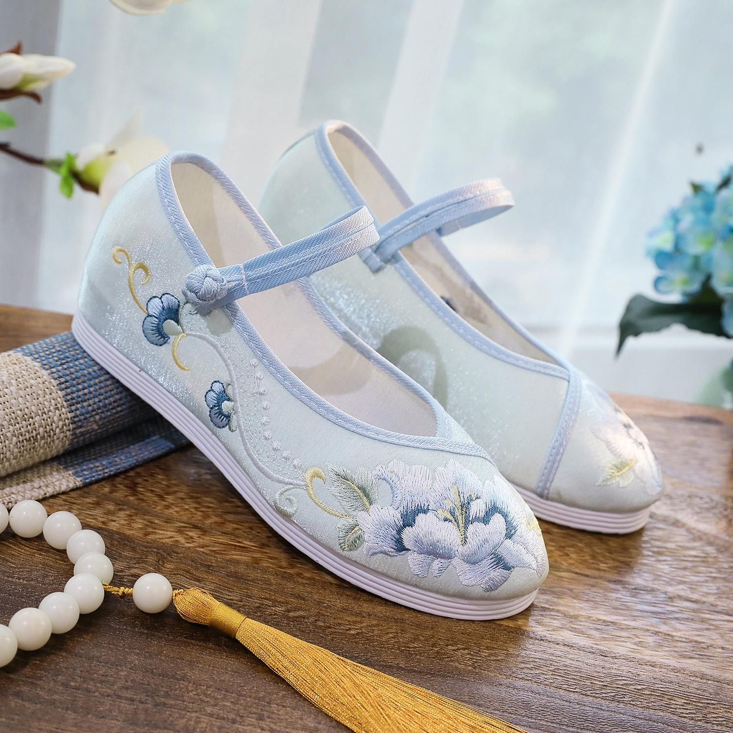 

Внутренняя высота увеличена на 3 см, и новая серия «антик» туфли на плоской подошве с круглым носком и низким верхом, вышитые туфли для ханьфу 41